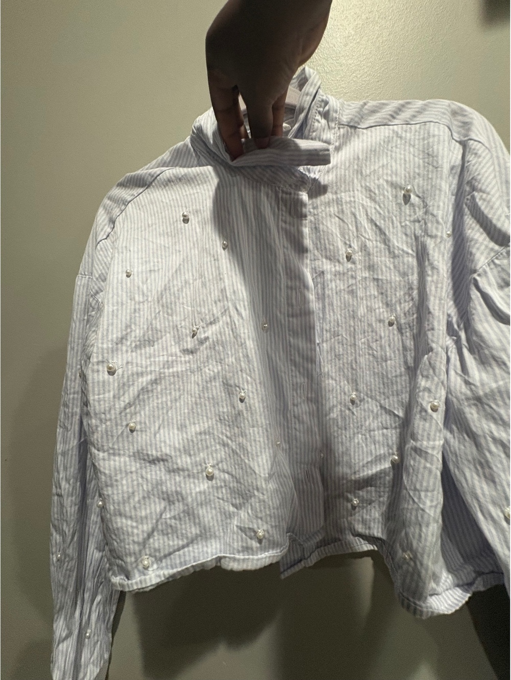 White Cropped Button Front Shirt with Pearl Embellishments